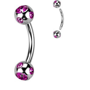 Gebogen Barbell met meerdere Steentjes in beide balletjes - Fuchsia