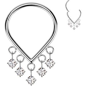 Chevron Gevormde Titanium Segment Ring met Vijf Hangende SteentjesChevron Gevormde Titanium Segment Ring met Vijf Hangende Steentjes - Zilver