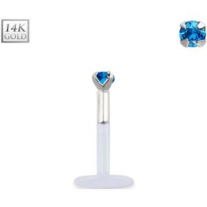 Bioflex labret met 14K. wit gouden top en gekleurd kristal – 10 mm – Aqua