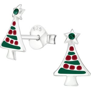 .925 Zilveren Oorknopjes met Gekleurde Kerstboom en Piek met Steentje