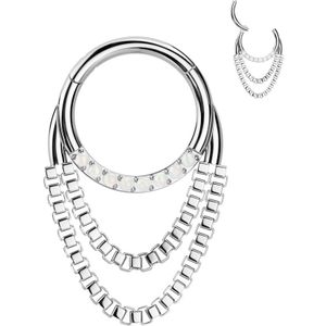Segment Ring met dubbele ketting en kristallen aan de voorzijde - Zilver - 8 mm - Wit