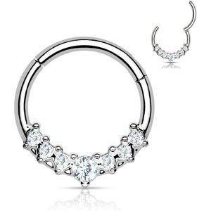 Piercing ring met vast segment en 7 heldere kristallen – 10 mm – Zilver