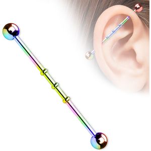 Gekleurde industrial piercing drie kralen - Titanium plated regenboog