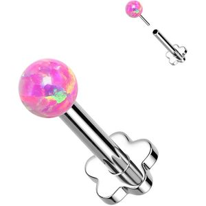 Threadless Titanium Labret met ronde Opaal top en Bloemvormige basis - 1.2 mm - Roze