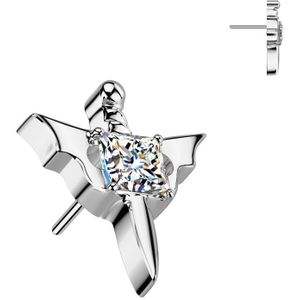 Threadless Titanium Dolk Topje met Vleermuis Vleugels en gecentreerd Vierkant Steentje - Zilver