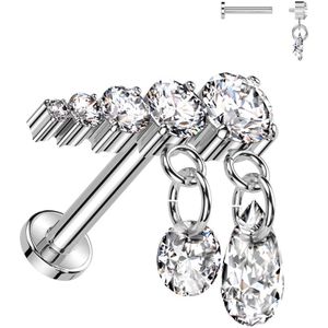 Interne Titanium Labret met Top en Hanger van Kristallen in verschillende maten - Zilver - 6 mm - Rechts