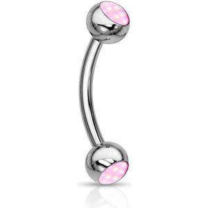 Gekleurde gebogen barbell met twee glanzende kristalletjes – Zilver – Roze