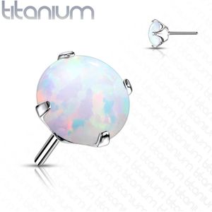 Massief Titanium Threadless Top met Prong-set Gekleurde Opaal Steen - Zilver - Opaal Wit - 2 mm