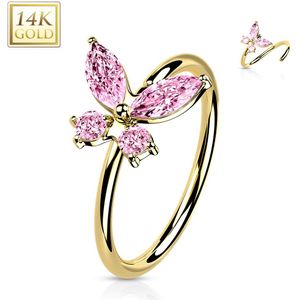 Massief Gouden Neus Ring met Gekleurde Opaalstenen/Kristallen Vlinder