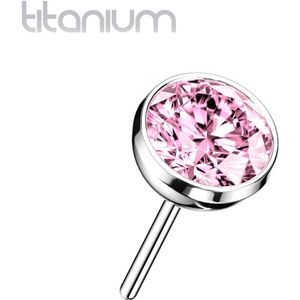 Gekleurde Massief Titanium Threadless Top met Gekleurde Steentje - Zilver - Roze - 3 mm