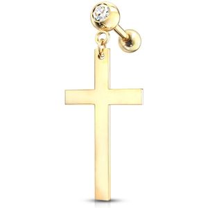 Kraakbeen piercing barbell met grote kruis hanger - Goud