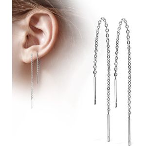 Paar zilveren oorhangers met vallende ketting en staafje