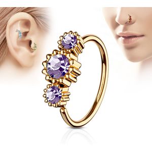 Rosé gouden piercing ring met drie tanzanite ronde diamantjes