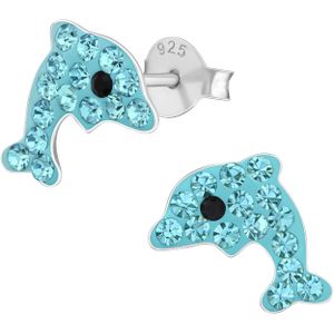 Oor stekers voor kinderen van zilver met aqua dolfijntje