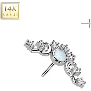 Elegante 14k. Gouden Threadless Waaier Top met Gecentreerd Opaal Steentje - Wit Goud