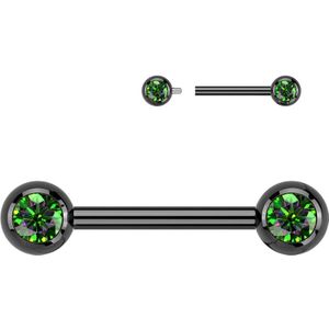 Intern Geschroefde Titanium Tepelpiercing met Front Facing Steentjes  - Zwart - 16 mm - Vitrail (Regenboog)