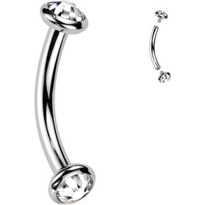 Intern Geschroefde Titanium Curved Barbell met Platte Bezel Set Stenen  - Zilver - Helder