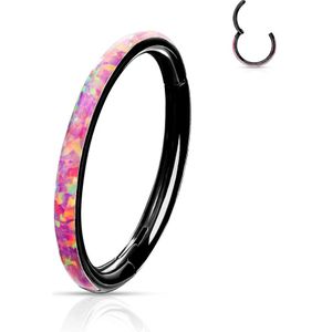 Gekleurde piercing ring met vast segment en opaal buitenzijde - 1.2 mm - 8 mm - Opaal Roze - Zwart Titanium Plating
