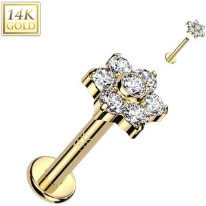 Intern Geschroefde 14kt. Gouden Labret met (Opaal) Stenen Bloem Top - Goud - 8 mm - Helder