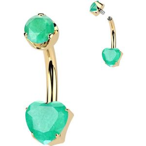 Intern Geschroefde Titanium Navelpiercing met Hart van Natuursteen - Goud - Green Onyx