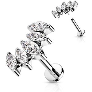 Labret Stud met 5 Sierlijke Markies geslepen Kristallen - Zilver - 6 mm - Helder