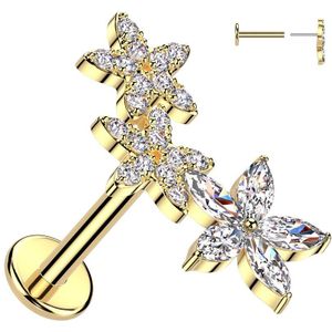 Threadless Labret met Drie Bloemen op een Rij - Goud - 1.2 mm