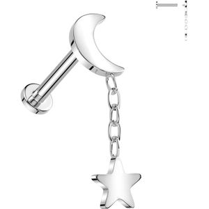 Intern Geschroefde Labret van Titanium met Maan top en vallende Ster hanger - Zilver - 6 mm