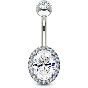 Navelpiercing met ovale prong set heldere kristal – Zilver