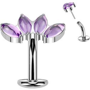 Omgekeerde Threadless Titanium Navelpiercing met Waaier Top van 4 Natuursteentjes  - Zilver - Amethyst