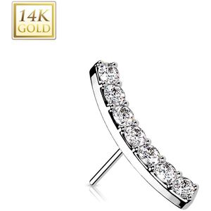 14kt. Gouden Threadless Curved Bar Top Belegd met Heldere Steentjes - Wit Goud - Helder