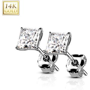 Paar Massief Gouden Oorbellen met Vierkant Steentje - 5 mm - Wit Goud