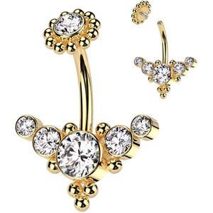 Interne Navelpiercing met Elegant vormgegeven Kristallen en Kralen - Goud - Helder