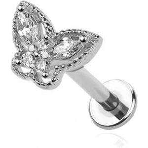 Interne Labret Piercing met Kristallen bezet Vlindertje - Zilver - 8 mm