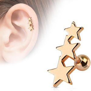 Helix piercing met drie rosé gouden sterren