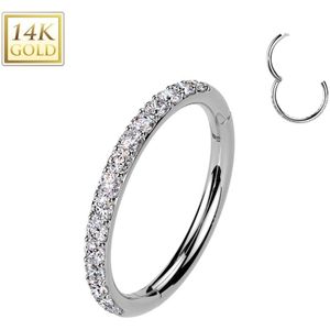 14k. Gouden Segment Ring met naar buiten gerichte Kristalletje met 1 mm Dikte - Wit Goud - 7 mm