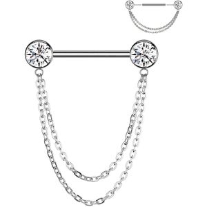 Threadless Titanium Tepelpiercing met Front Facing Steentjes en Dubbele Ketting - Zilver - 16 mm - Helder