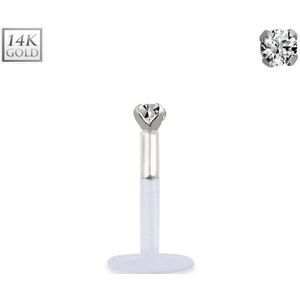 Bioflex labret met 14K. wit gouden top en gekleurd kristal – 6 mm – Helder