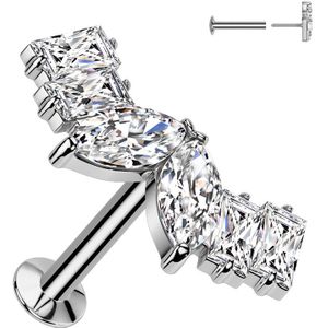 Threadless Labret met Markies Geslepen Hart en Baguette Geslepen Vleugeltjes - Zilver - 1.0 mm