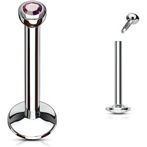 Intern geschroefde labret piercing met 2 mm gekleurd steentje - 8 mm - paars