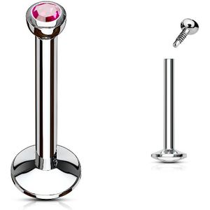 Intern geschroefde labret piercing met 2 mm gekleurd steentje - 8 mm - fuchsia