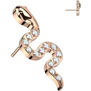 Threadless Titanium top met Slang figuur vol kristallen - Rose Goud - Aurora Borealis