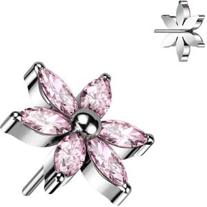 Titanium Threadless Bloem Top met Markies Kristallen - Zilver - Roze