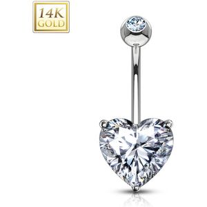 14Kt. wit gouden navelpiercing met kristallen hartje - 8 mm