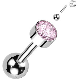 Titanium Kraakbeen Piercing met Bezel Kristal Top - Roze