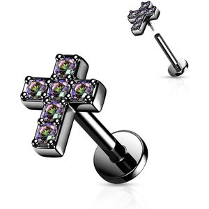 Chirurgisch Stalen Labret met Platte Achterkant en Kruis Top met Kristallen