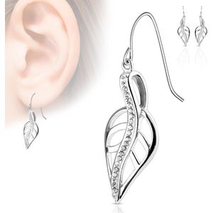Paar zilveren oorbellen met blad en kristallen
