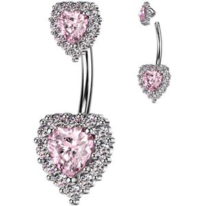 Navelpiercing met dubbel Kristal Hart en frame van steentjes - Zilver - Roze