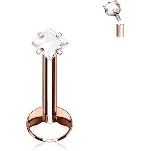 Gekleurde intern geschroefde labret met plat vierkant kristal - 6 mm - rosé goud