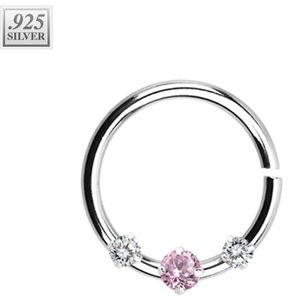 Piercing ring met 1 gekleurde en 2 heldere prong set kristallen – Roze