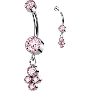 Titanium navelpiercing met 4 bezel kristallen hangertje - Roze